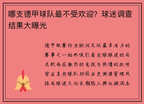 哪支德甲球队最不受欢迎？球迷调查结果大曝光